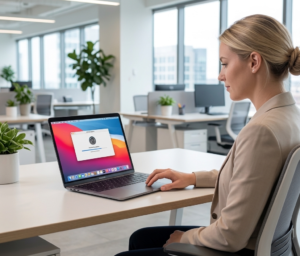 woman updating her laptop in an office